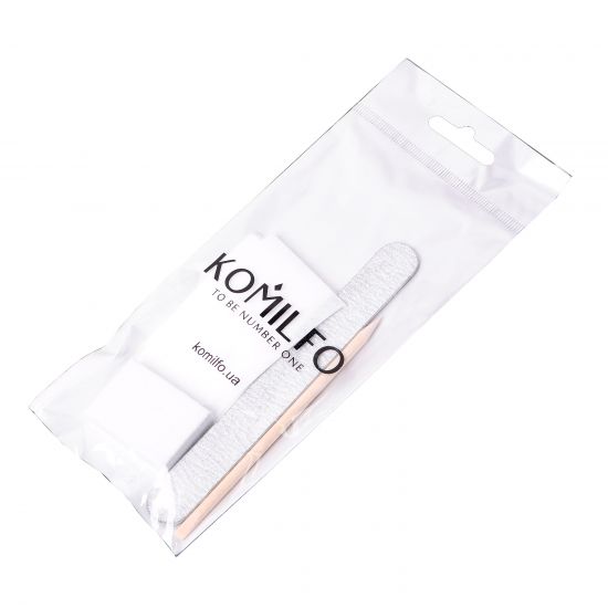 Komilfo disposable set No. 4 nail file 150/150, buff 100/180, orange stick, 10 lint-free napkins Komilfo disposable set No. 4 nail file 150/150, buff 100/180, orange stick, 10 lint-free napkins